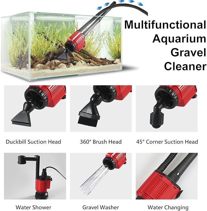 Aquarium Gravel Cleaner Siphon Kit, 6 in 1 Automatic Fish Tank Cleaning Tools Electric Removable Vacuum Water Changer for Changing Water/Removing Detritus/Washing Sands Carzos