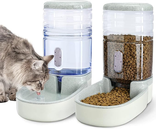 Automatic Dog Cat Feeder and Water Dispenser Gravity Food Feeder and Waterer Set with Pet Food Bowl for Small Medium Dog Puppy Kitten, Large Capacity 1 Gallon x 2(Grey) - PAWPICO