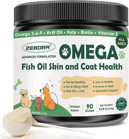 Omega 3 Fish Oil for Dogs, Dog Fish Oil Powder, Wild Caught Fish Oil, EPA&DHA, Krill Oil, Kelp, Dog Skin and Coat Supplement, Anti Itch & Shedding, Support Dry Skin, Joint Health, Dog Allergy Relief ZEBORA