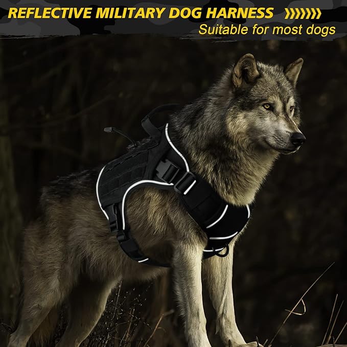 WINGOIN Black Tactical Dog Harness for Large Dogs No Pull Adjustable Reflective Military Pet Harness with Easy Control Handle with Hook & Loop Panels for Walking Hiking Training(XL) - PAWPICO