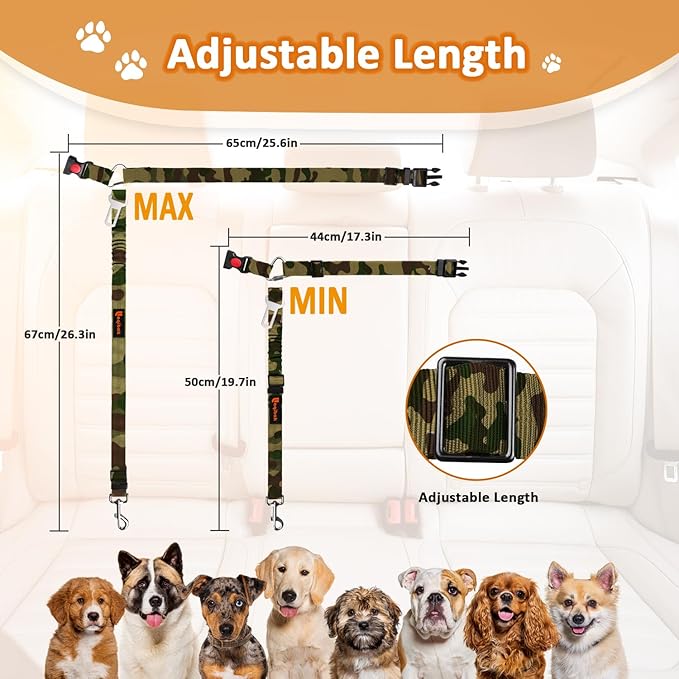 Removable Dog Seat Belt Harness for Car, 3 in 1 Pet Dog Car Seatbelt Leash, Retractable Restraint Secures to Vehicle Headrest & Adjustable Reflective Bungee Dog Seatbelt Tether, Camouflage - PAWPICO