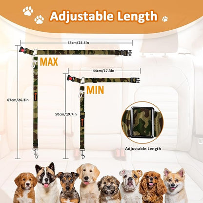 Removable Dog Seat Belt Harness for Car, 3 in 1 Pet Dog Car Seatbelt Leash, Retractable Restraint Secures to Vehicle Headrest & Adjustable Reflective Bungee Dog Seatbelt Tether, Camouflage - PAWPICO