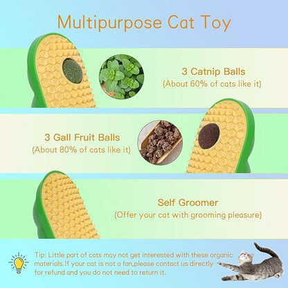SEVENKA 2 Cat Toys Self-Grooming Cat Brush with 3 Catnip Balls & 3 Gall Fruit, Kitty Kitten Scratcher Self Groomer Catnip Toys for Indoor Cats, Chew Toys Wall Corner Brushes Edible Wall Treats, Yellow - PAWPICO