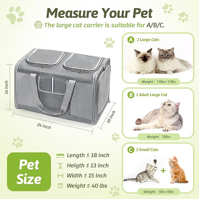 Sedioso Extra Large Cat Carrier for 2 Cats, 24x 14x 16in Pet Carrier for Cat and Dog Up to 40lbs, All-Sided Large Mesh Cat Carrier with Great Ventilation, Portable Soft Sided Pet Carrier for Traveling - PAWPICO