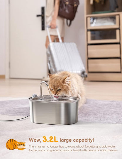 SOOFPET Cat Water Fountain: with 6pcs Carbon Filter + 3pcs Sponge - 108oz/3,2L Pet Water Fountain Stainless Steel - Cat Fountains for Drinking with Quiet Pump Dishwasher Safe Design Faucet-Shaped - PAWPICO