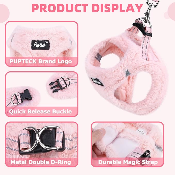 PUPTECK Adjustable Dog Harness Collar and Leash Set Step in No Pull Pet Harness for Small Medium Dogs Puppy and Cats Outdoor Walking Running, Soft Mesh Padded Reflective Vest Harnesses, Plush Pink S PUPTECK