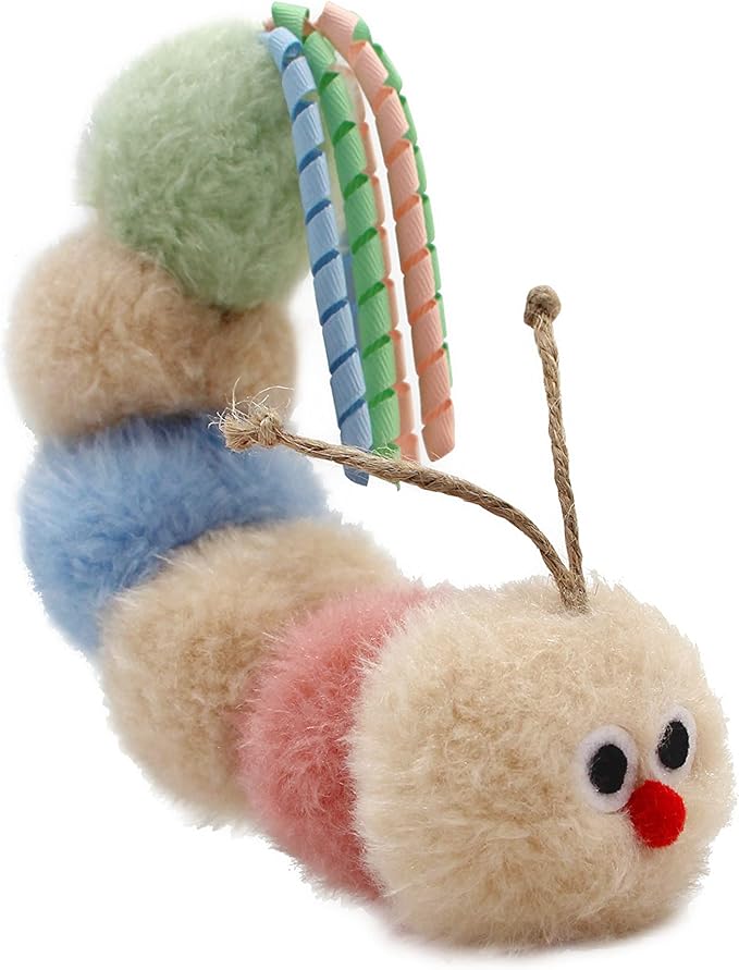 Interactive Natural Catnip Kicker, with Rattle and Ribbon, Bite Resistant, for All Ages Indoor Cat, Soft Caterpillar Kicker, Fluffy Kitten Toy - PAWPICO