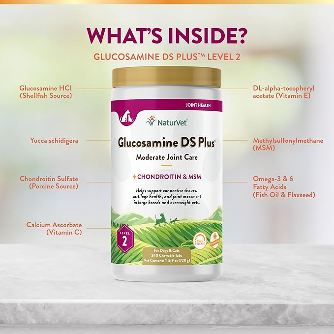 NaturVet Glucosamine DS Plus Level 2 Moderate Care Joint Support Supplement for Dogs and Cats, Chewable Tablets Time Release, Made in The USA, 240 Count NaturVet