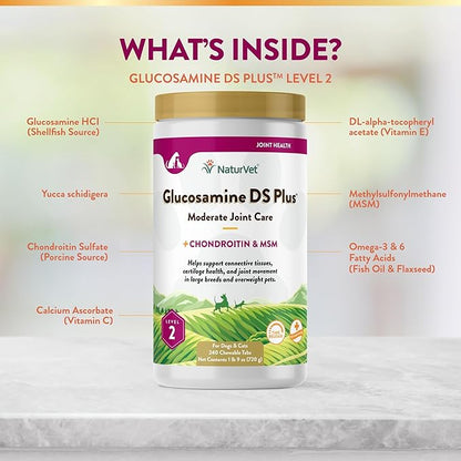 NaturVet Glucosamine DS Plus Level 2 Moderate Care Joint Support Supplement for Dogs and Cats, Chewable Tablets Time Release, Made in The USA, 240 Count NaturVet