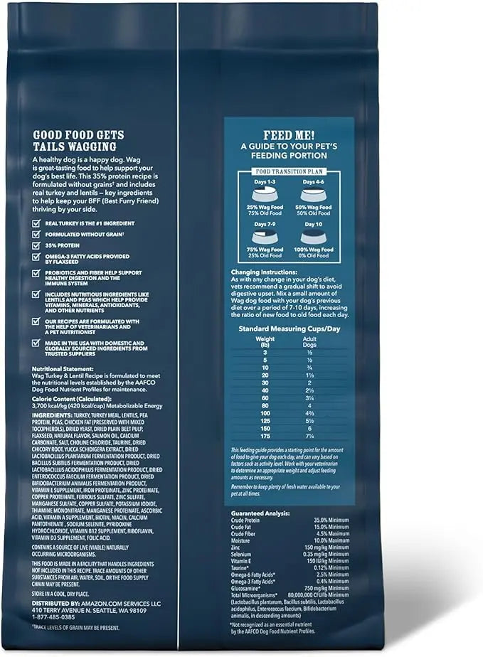 Amazon Brand - Wag Dry Dog Food Grain-Free Turkey & Lentil Recipe, High Protein (4 lb bag) - PAWPICO