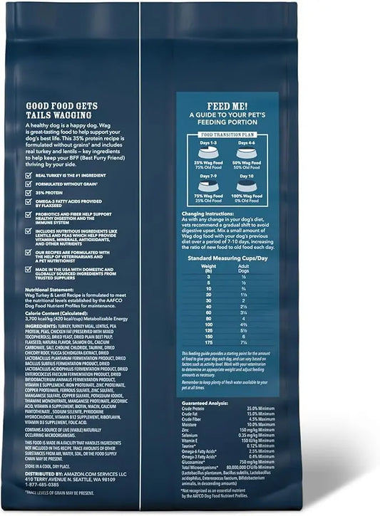 Amazon Brand - Wag Dry Dog Food Grain-Free Turkey & Lentil Recipe, High Protein (4 lb bag) - PAWPICO