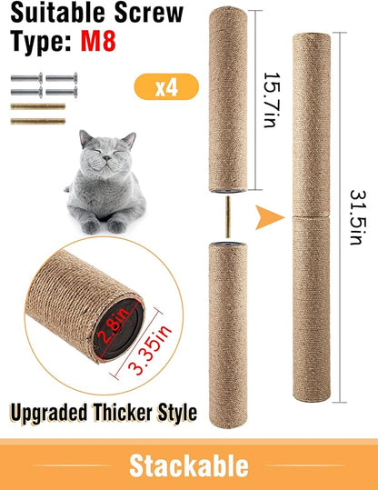 4Pcs 15.7" × 3.3" Cat Scratching Post Replacement- Durable Cat Tree Scratch Post Refill Pole Parts with M8 Screws- Hemp Rope Scratcher Posts Cat Furniture Accessories for Kittens Cat Tree Tower - PAWPICO