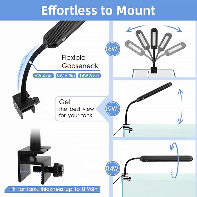 hygger 5-10 Gallon Nano Tank Mini Clip-on Aquarium Light with White Blue Red LEDs Fish Tank Lighting Built-in Timer 5 Brightness Levels 9W hygger