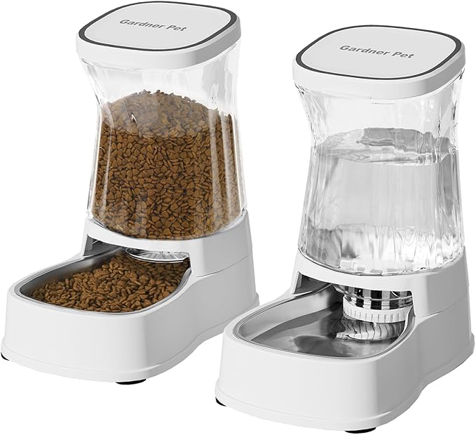 Automatic Pets Gravity Feeder and Water Dispenser Set, 1Gallon x 2 Stainless Steel Food Feeder and Waterer, 100% BPA-Free Water Bowl Dispenser for Small&Medium Dogs, Cats, Puppies(White) - PAWPICO