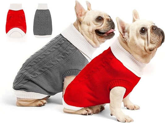 2 Pack Dog Christmas Sweaters for Small Dogs - Puppy Medium Warm Clothes Winter, Turtleneck Pullover Design for Male Boy Girl Pet, Doggie, Cat, Kitten Chihuahua Bulldog (S, Xmas Red, Grey) - PAWPICO