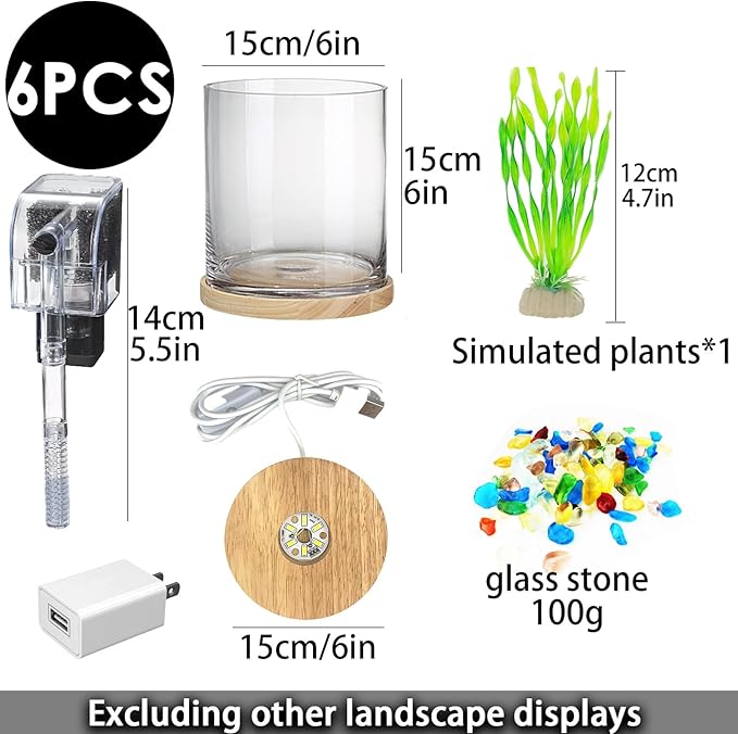 Aquarium Starter Kits 0.81-Gallon Fish Tank（6 inches） for Beginner Cylindrical Betta Fish Bowl with Wooden Base LED Light Water Pump Accessories Self-Cleaning Filter Copyright Patent PAWPICO
