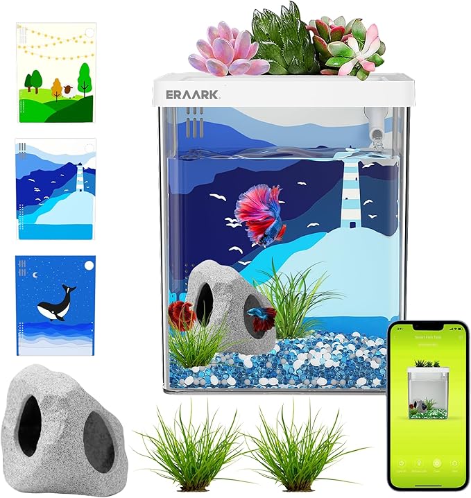 Aquarium kit 1.5 Gallon Betta Fish Tank self Cleaning, Fish Tank with Filter LED Light, Decorations Hideaway Rock Cave, Water Pump,Fish Bowl ERAARK