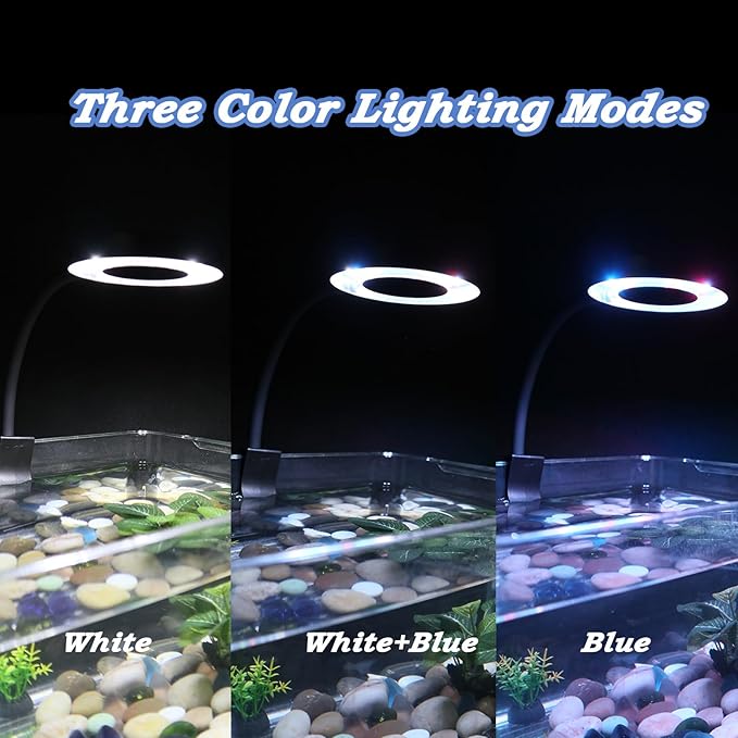 Small Aquarium Light Clip on Fish Tank Light LED USB Full Spectrum Light with Dimmer Multi-Color White+Blue+Red for 1-5 Gal Betta Tank (Adapter NoT Included, No Timer) PUEUTU