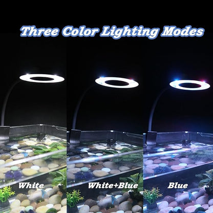 Small Aquarium Light Clip on Fish Tank Light LED USB Full Spectrum Light with Dimmer Multi-Color White+Blue+Red for 1-5 Gal Betta Tank (Adapter NoT Included, No Timer) PUEUTU