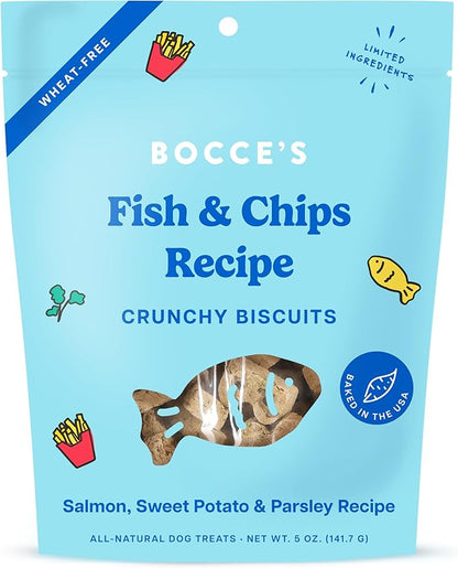 Bocce's Bakery Fish & Chips Treats for Dogs - Special Edition Wheat-Free Dog Treats, Made with Real Ingredients, Baked in The USA, All-Natural Salmon & Sweet Potato Biscuits, 5 oz - PAWPICO