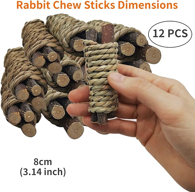 Fhiny 12 PCS Guinea Pigs Chew Toys, Natural Apple Branch Seagrass Molar Sticks for Teeth Bunny Chew Toys Cage Accessories for Guinea Pigs Rabbit Bunny Hamster Chinchilla Fhiny