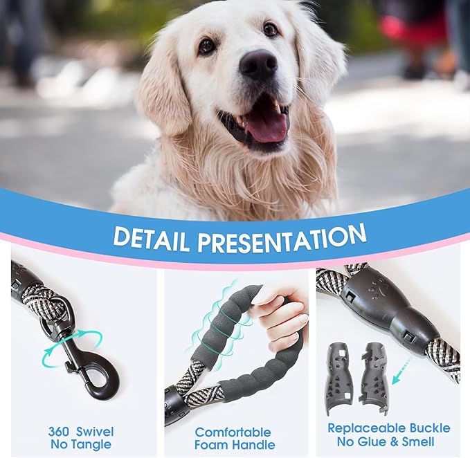 BAAPET 2/4/5/6 FT Dog Leash with Comfortable Padded Handle and Highly Reflective Threads for Small Medium and Large Dogs (5FT-1/2'', Black Silver) - PAWPICO