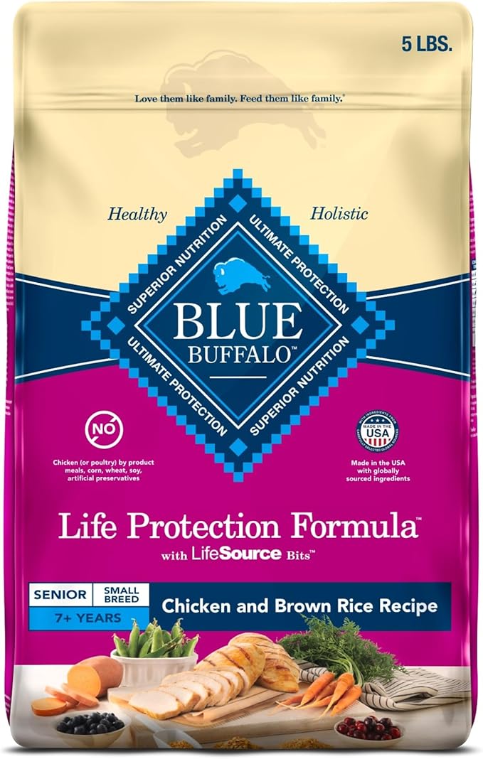 Blue Buffalo Life Protection Formula Small Breed Senior Dry Dog Food, Supports Joint Health and Immunity, Made with Natural Ingredients, Chicken & Brown Rice Recipe, 5-lb Bag - PAWPICO