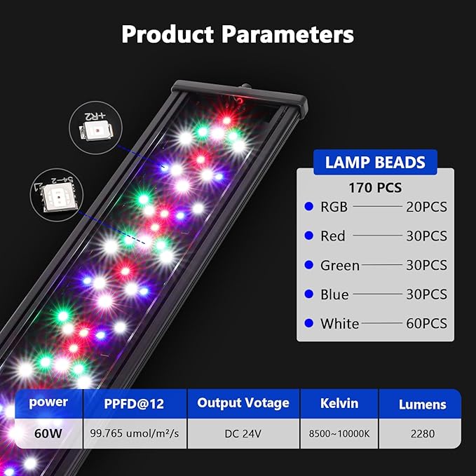 hygger New Mode 24/7 Timer LED Aquarium Light, Auto On Off Full Spectrum Fish Tank Light Fish Colorful/Sun/Nightlight/Wrgb Cycle Mode for Freshwater Plants Tank (for 50in~57in Long Tank) hygger