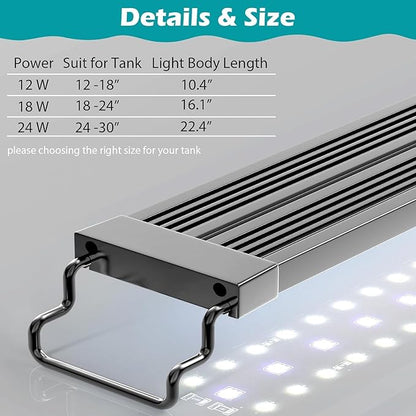 LED Aquarium Light, 24/7 Full Spectrum Dimmable Submersible Light 24-30 inch 24W for 20/25/30 Gallon Fish Tank, Day+Night Mode DIY Timer Auto On Off, High Brightness 8 Colors RGB Mode AHJ