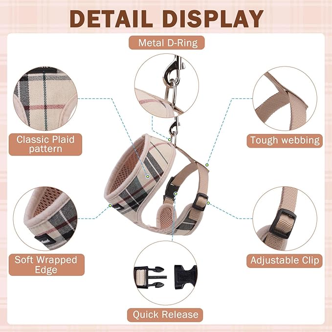 SCENEREAL No Pull Dog Harness Collar and Leash Set Small Medium Sized Dog, Soft Mesh Step in Puppy Harnesses, No Chock Plaid Adjustible Pet Vest for Outdoor Walking Training and Running SCENEREAL