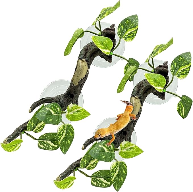 Fhiny Snake Climbing Branch, 2 PCS Resin Reptile Branches for Climbing with Suction Cups Frog Terrarium Plants Reptile Tank Decor Accessories for Frog Corn Snake Lizard Bearded Dragon Gecko Fhiny