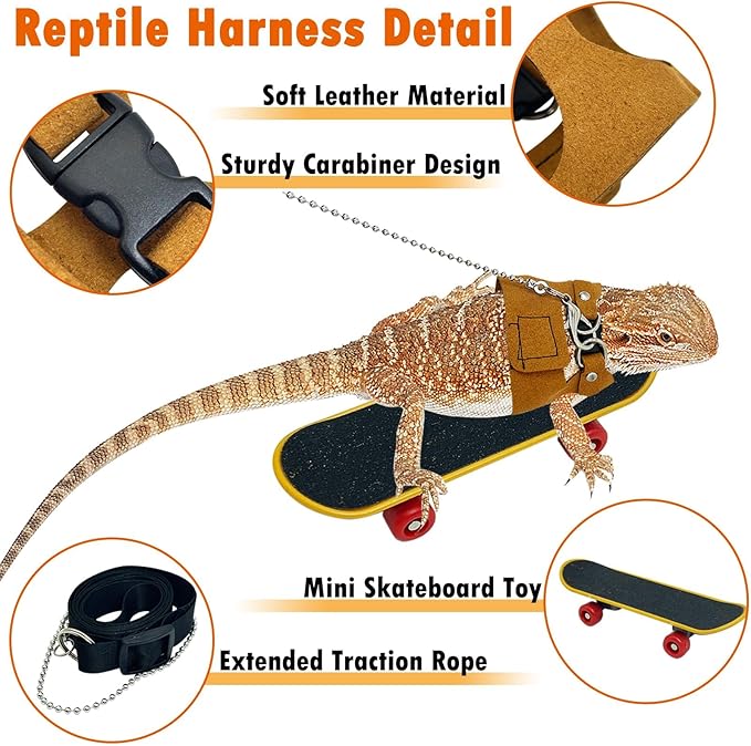 PINVNBY 3 Size Bearded Dragon Leash and Harness Set Adjustable Bearded Dragon Harness with Lizard Traction Rope Mini Scooter Toy for Bearded Dragon Lizard Reptile to Walking Outdoor PINVNBY