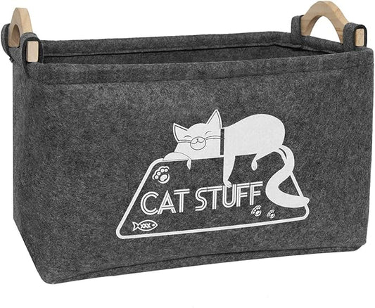 Cat Toy Box, Cat Toy Storage Basket with Handles, Felt Pet Toy Basket Pet Supplies Storage Bin, Perfect for Organizing Cat Toys and Accessories - PAWPICO