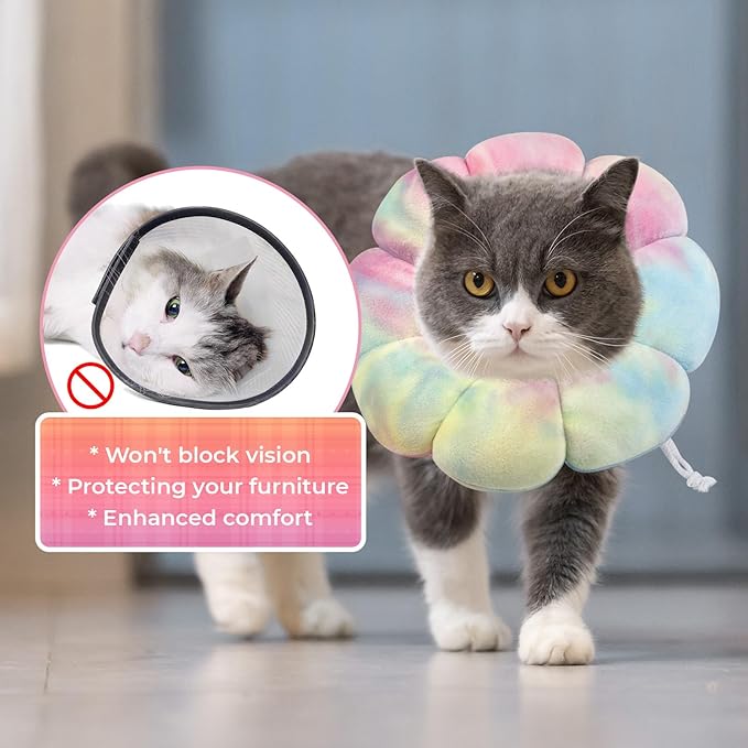 Flower Cat Cone, Uadonile Adjustable Cat Cone Collar, Soft Dog Elizabethan Collar Recovery E Collar After Surgery, Recovery E-Collar for Kittens/Puppies and Cats Recovery(Tie-dye Pink Blue, L) Uadonile