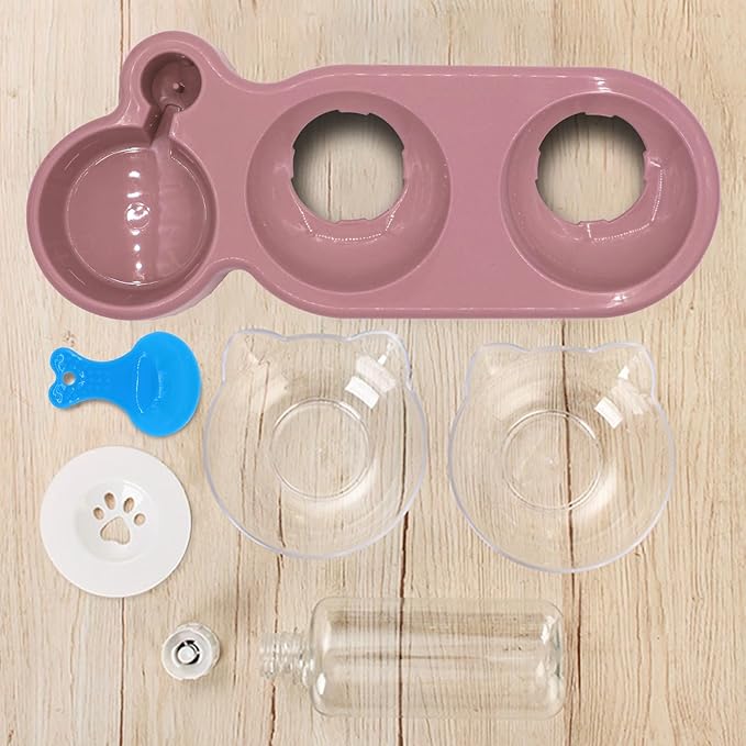 Triple Cat Bowls,15°Tilt 3-in-1 Water Feeder Bowls Cat Double Food Bowls with Automatic Water Bottle Bowl, Whisker Friendly Wet and Dry Cat Elevated Feeding Dishes for Small Cat and Puppy (Pink) - PAWPICO