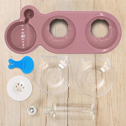 Triple Cat Bowls,15°Tilt 3-in-1 Water Feeder Bowls Cat Double Food Bowls with Automatic Water Bottle Bowl, Whisker Friendly Wet and Dry Cat Elevated Feeding Dishes for Small Cat and Puppy (Pink) - PAWPICO