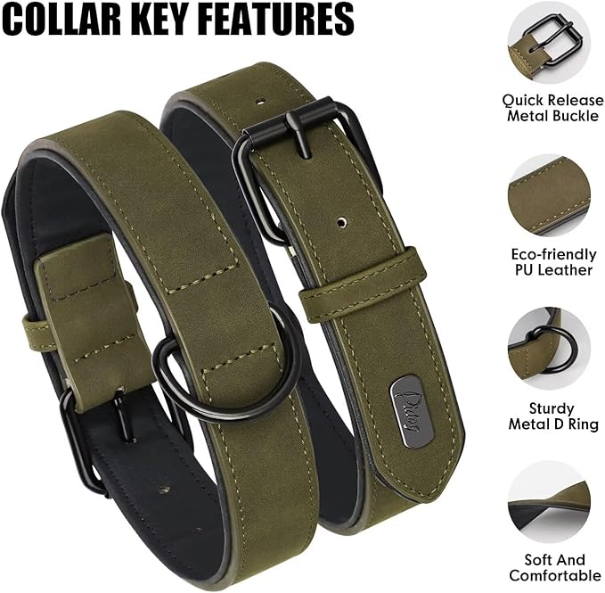 Didog Soft Padded Leather Dog Collar, Breathable Heavy Duty Dog Collar Leather with Adjustable Rust-Proof Metal Buckle for Small Medium Large Dogs, Dark Green, S Didog