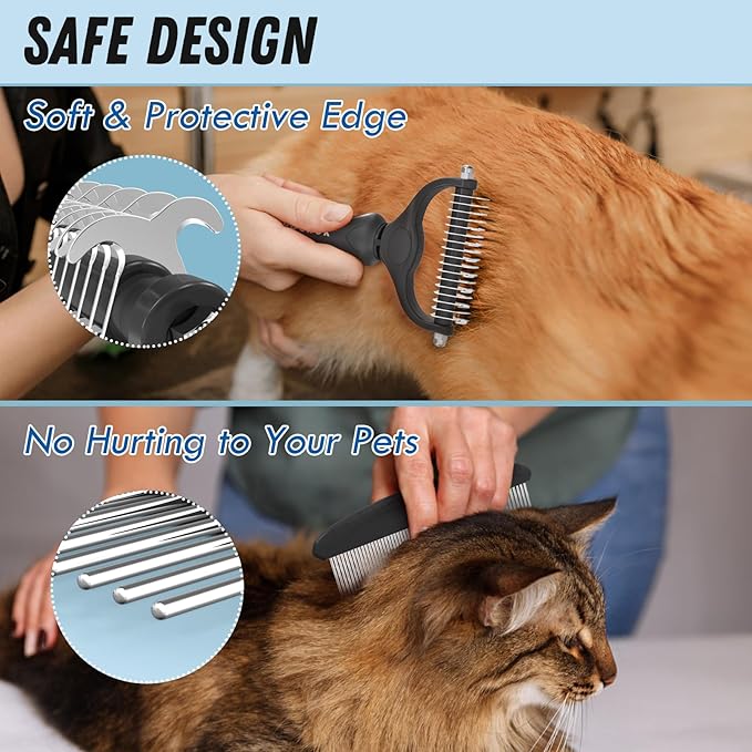 Pet Grooming Combo: Undercoat Rake, Dematting Deshedding Brush for Long-Haired Dogs and Cats, Black - PAWPICO
