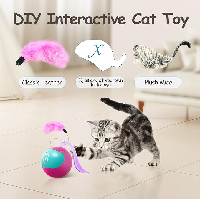Migipaws Interactive Cat Ball Toy Set, Fun Tracker, Automatic Rolling Chase Ball with Fluffy Tail, A Small Mice, Rechargeable（Rose） - PAWPICO
