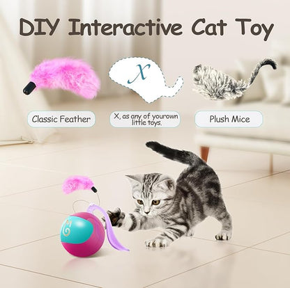 Migipaws Interactive Cat Ball Toy Set, Fun Tracker, Automatic Rolling Chase Ball with Fluffy Tail, A Small Mice, Rechargeable（Rose） - PAWPICO
