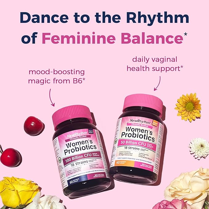 NewRhythm Probiotics for Women, P-5-P, Vitamin C & Organic Cranberry, 100 Billion CFU 18 Strains, Prebiotics & Probiotics, Vaginal Probiotics for Digestive Health & PH Balance, 60 Capsules, No Dairy NewRhythm