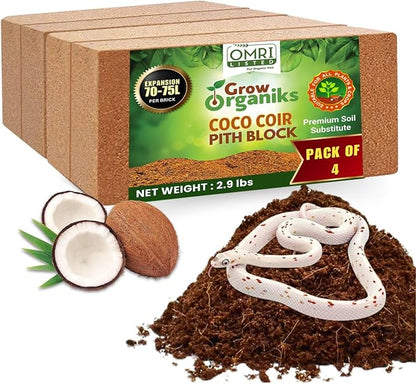 4 Pack Premium Coco Coir Brick for Plants | 100% Organic Compressed Coconut Coir Bricks Starting Mix, Coco Coir Fiber Coconut Husk for Planting, Gardening, Potting Soil Substrate, Herbs, 1.4 LB/Brick Grow+Organiks