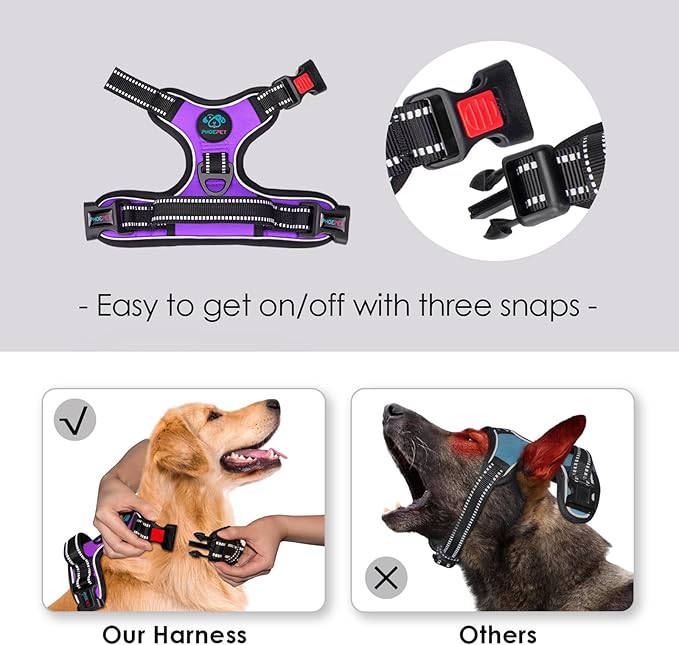 PHOEPET Reflective Dog Harness Large Breed Adjustable No Pull Vest with Handle 2 Metal Rings 3 Buckles [Easy to Put on & Take Off](L, Purple) PHOEPET