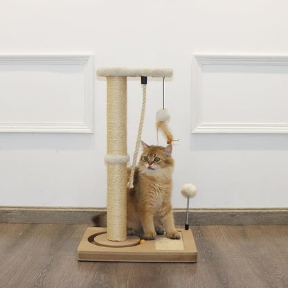 PAWSFANS Cat Scratching Post,Sisal Scratch Posts with Track Ball Feather Toy for Indoor Cats and Kittens,25" Tall Beige - PAWPICO