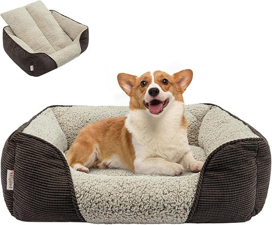 Miguel Washable Dog Bed with Removable Cushion for Medium Small Dogs, Easy to Wash Pet Sofa Bed with Side, Rectangle Bolster Cat Bed Calming Cuddle Puppy Bed with Anti-Slip Bottom, Brown 30 Inch - PAWPICO