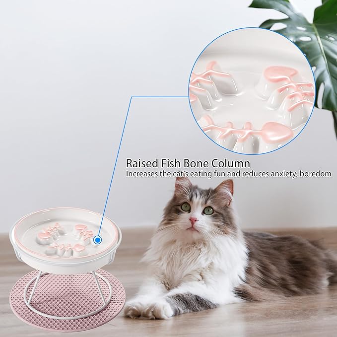 Upgrade Whisker-Fatigue-Free Cat Slow Feeder Bowl, Raised Cat Food Bowl Improved Design, Anti Vomit Promotes Digestion and Prevents Obesity, Slow Down Your Feline Friend Eating Speed - PAWPICO