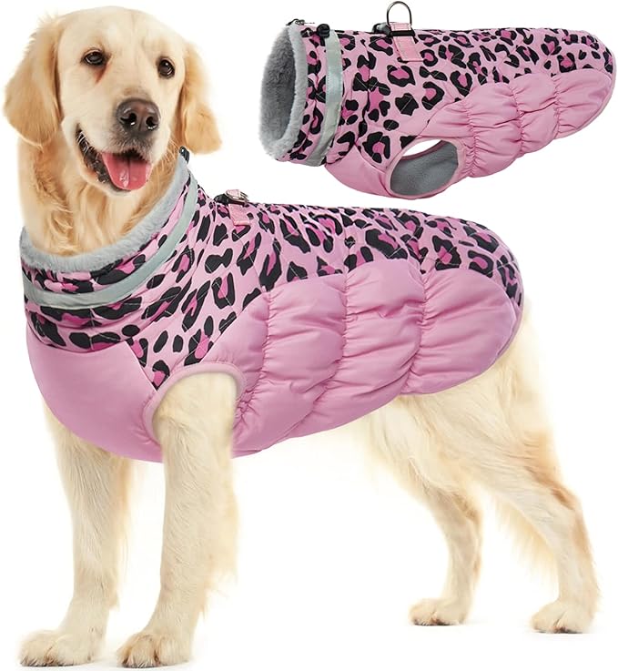 FUAMEY Dog Winter Coat,Dog Cold Weather Coats Dog Jackets with Zipper on Back with Harness Built in Dog Paded Vest Water Resistant Reflective Jacket for Small Medium Large Dogs Pink Leopard XL - PAWPICO