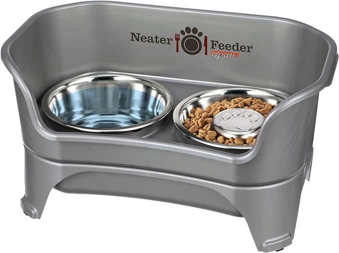 Neater Feeder - Express Model w/ Slow Feed Bowl - Mess-Proof Dog Bowls (M/L, Grey) Made in USA – Elevated, No Spill, Non-Tip, Non-Slip, Raised Stainless Steel Food/Water Pet Bowls Aid Digestion - PAWPICO