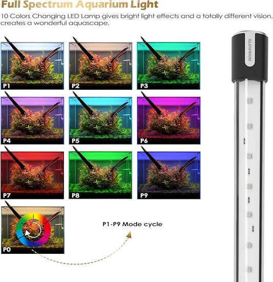 Aquarium Lights, Underwater LED Full Spectrum Aquarium Lights, IP68 Double Waterproof Submersible Aquarium Lights,10 Light Modes and infinitely dimmable, Aquarium Lights with Timer auto on/of GLOWRIUM