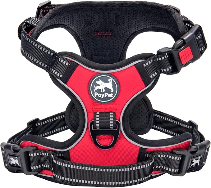 PoyPet No Pull Dog Harness, No Choke Front Clip Dog Reflective Harness, Adjustable Soft Padded Pet Vest with Easy Control Handle for Small to Large Dogs(Red,S) PoyPet